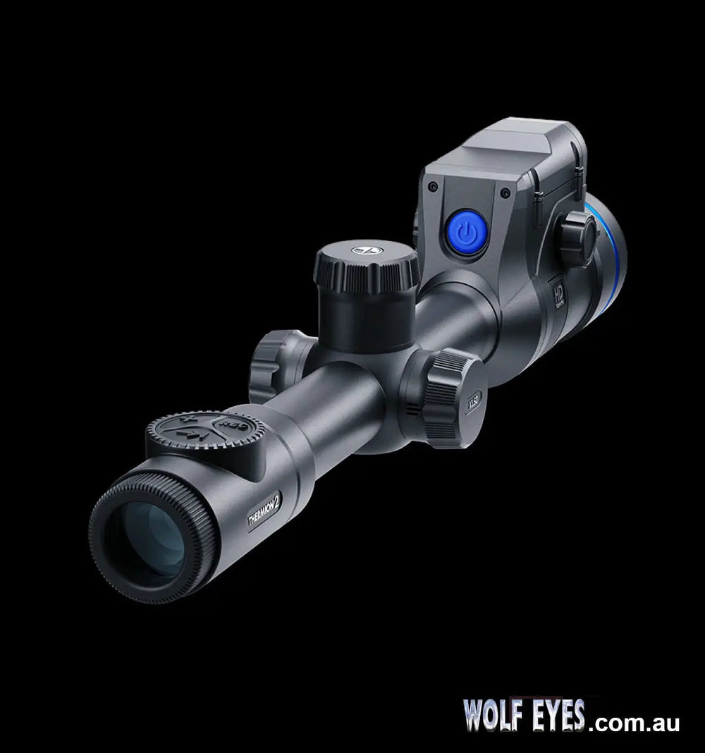 Rear view of Pulsar Thermion2 XL60 LRF thermal imaging scope showing control knobs and power button for enhanced hunting performance.
