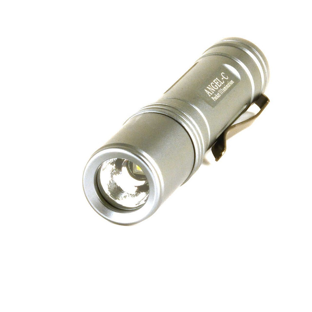 Front view of Angel C LED Torch - Compact Powerful Light | 260 Lumens, Rechargeable highlighting LED bulb and precision-machined aluminum body.