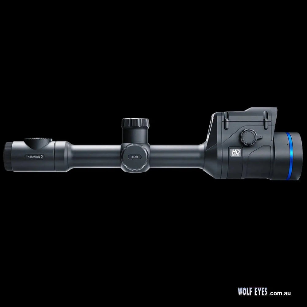 Side profile of Pulsar Thermion2 XL60 LRF thermal imaging scope with XL sensor and laser rangefinder for accurate long-range targeting.