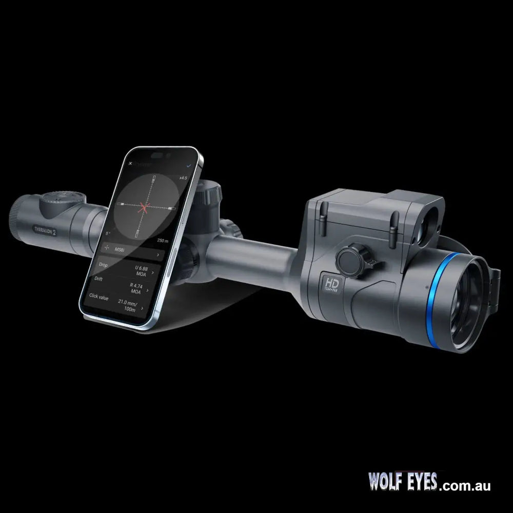 Pulsar Thermion2 XL60 LRF thermal scope connected to smartphone displaying targeting interface, showcasing smart hunting features.