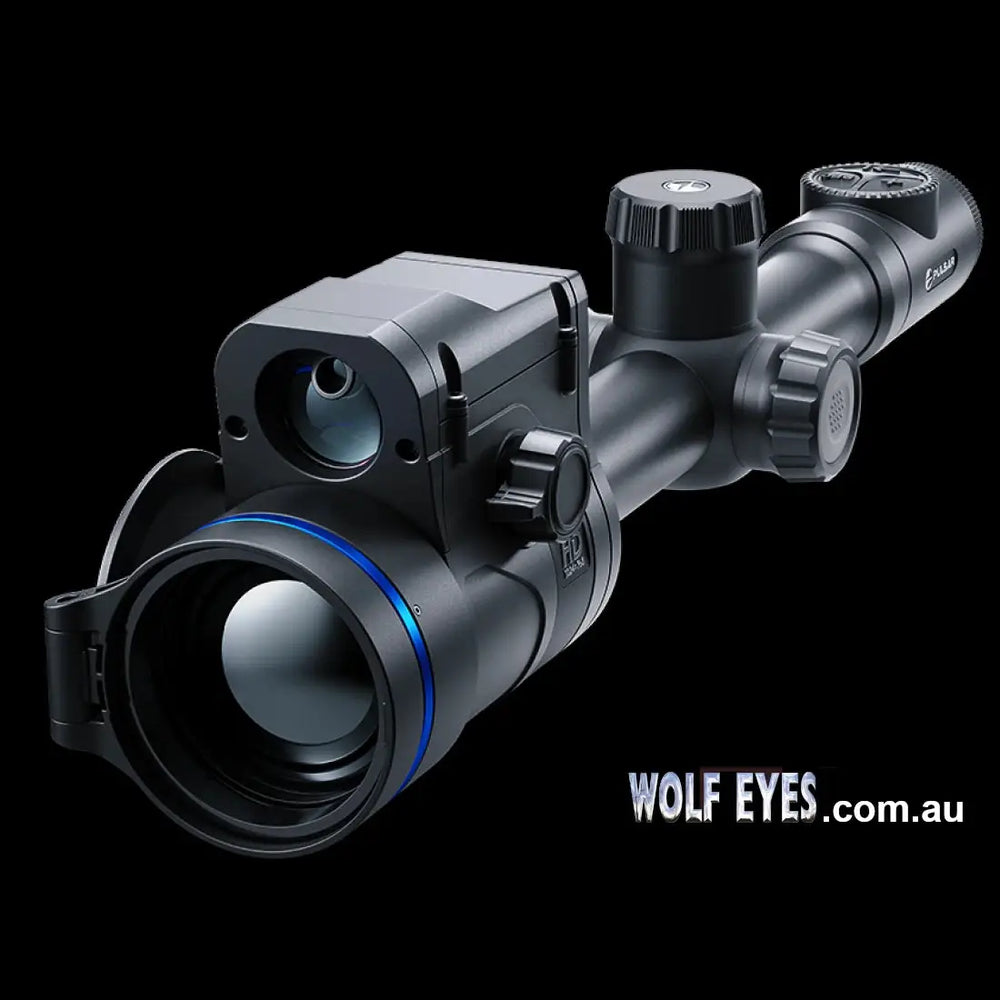 Angled view of Pulsar Thermion2 XL60 LRF thermal scope with blue accent ring and HD optics for advanced sporting applications.