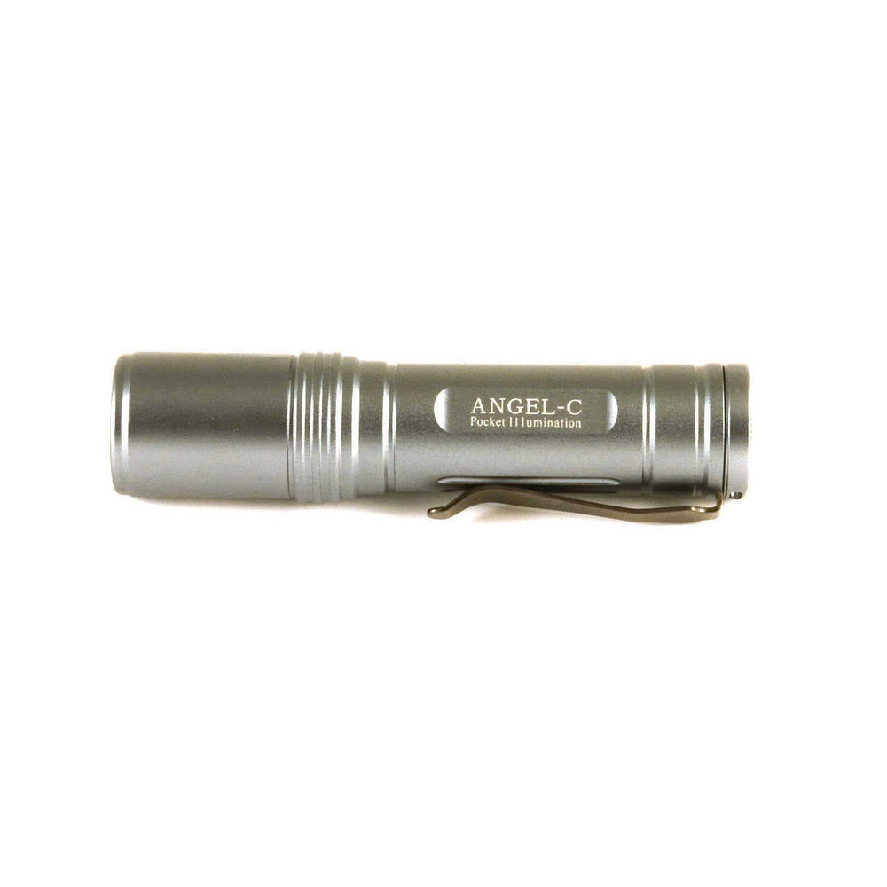 Side profile of Angel C LED Torch - Compact Powerful Light | 260 Lumens, Rechargeable showing engraved branding and compact cylindrical design.
