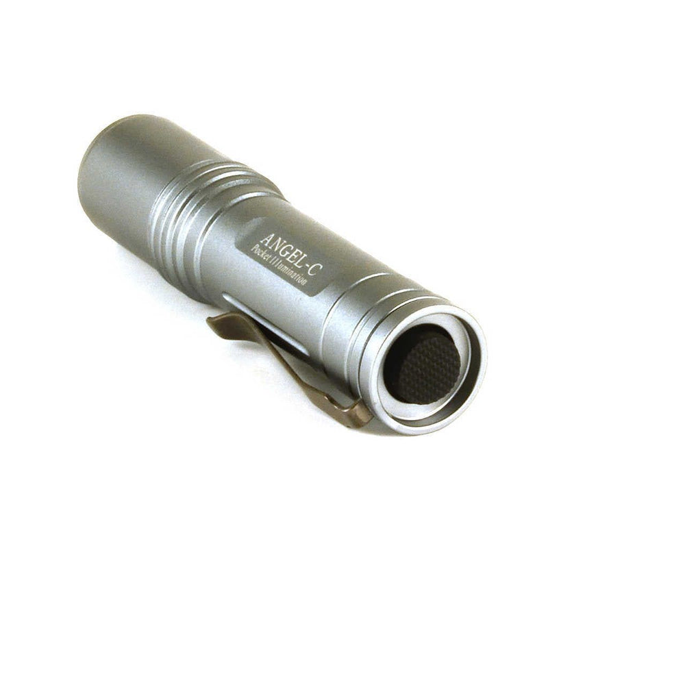 Rear view of Angel C LED Torch - Compact Powerful Light | 260 Lumens, Rechargeable with textured tail switch and durable metal clip for secure grip.