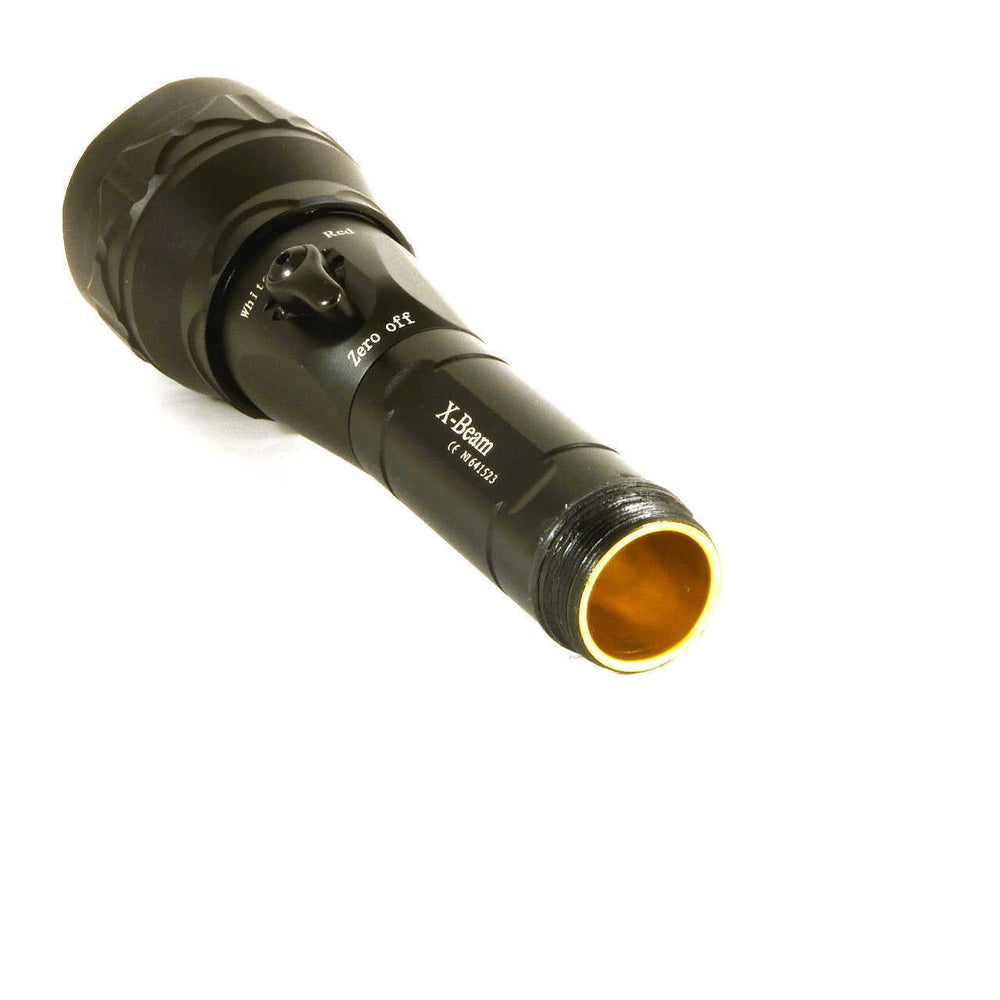 Rear view of X-Beam Green LED Torch showing battery compartment and durable black body, ideal for tactical and hunting applications.