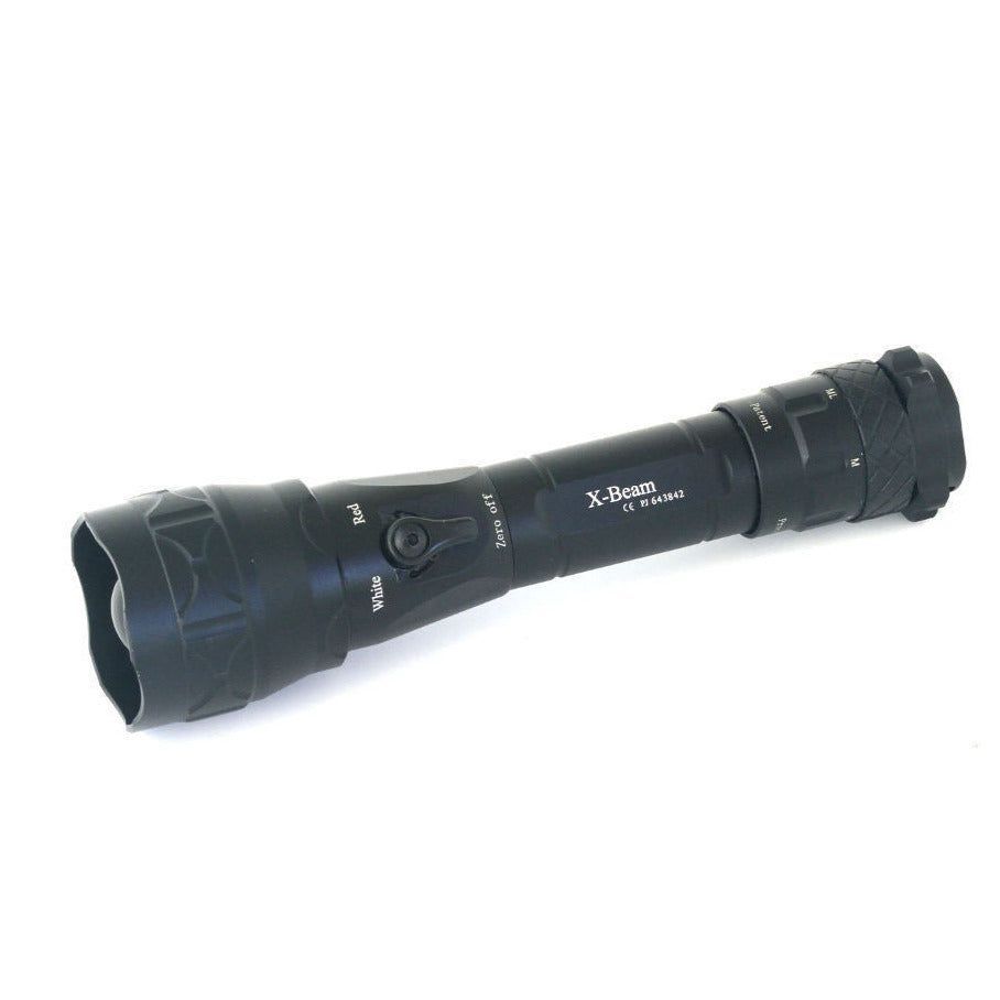 X-Beam Green LED Torch handheld flashlight with adjustable aspheric beam, 1620 lumens output and 200m white light throw for outdoor use.