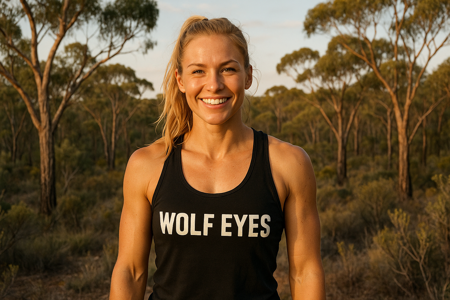athletic girl in front of the bush wolf eyes