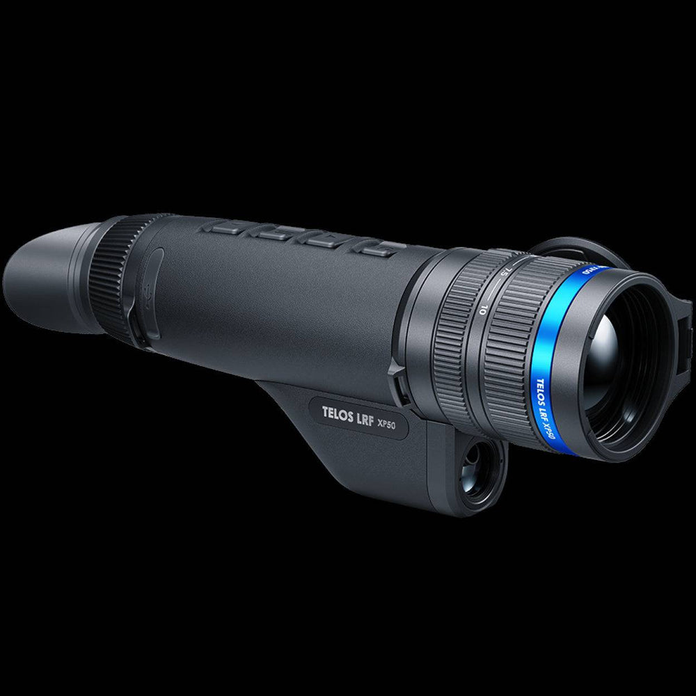 Pulsar Telos XP50 LRF thermal imaging monocular with 1800m range, featuring 640 sensor and 2.5-10x zoom for high-performance optics use.