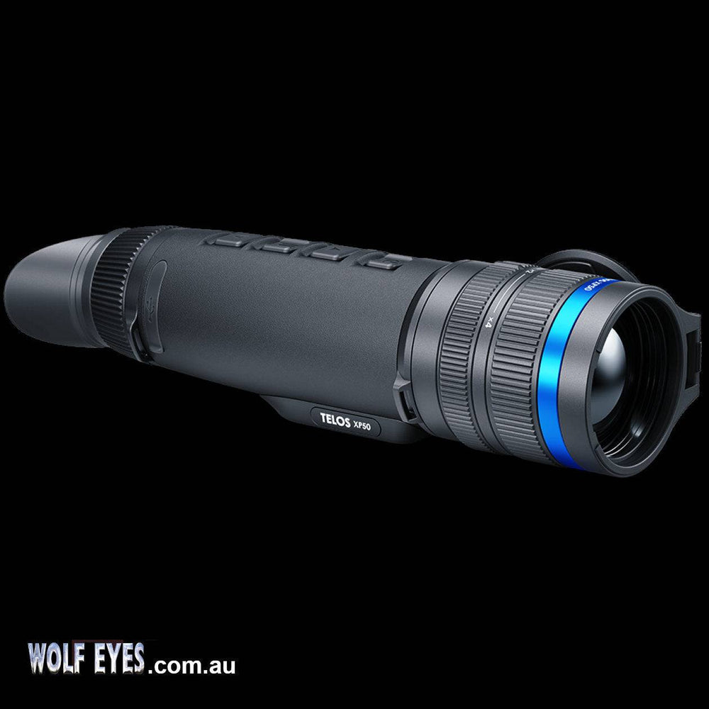Pulsar Telos XP50 thermal monocular on black background
