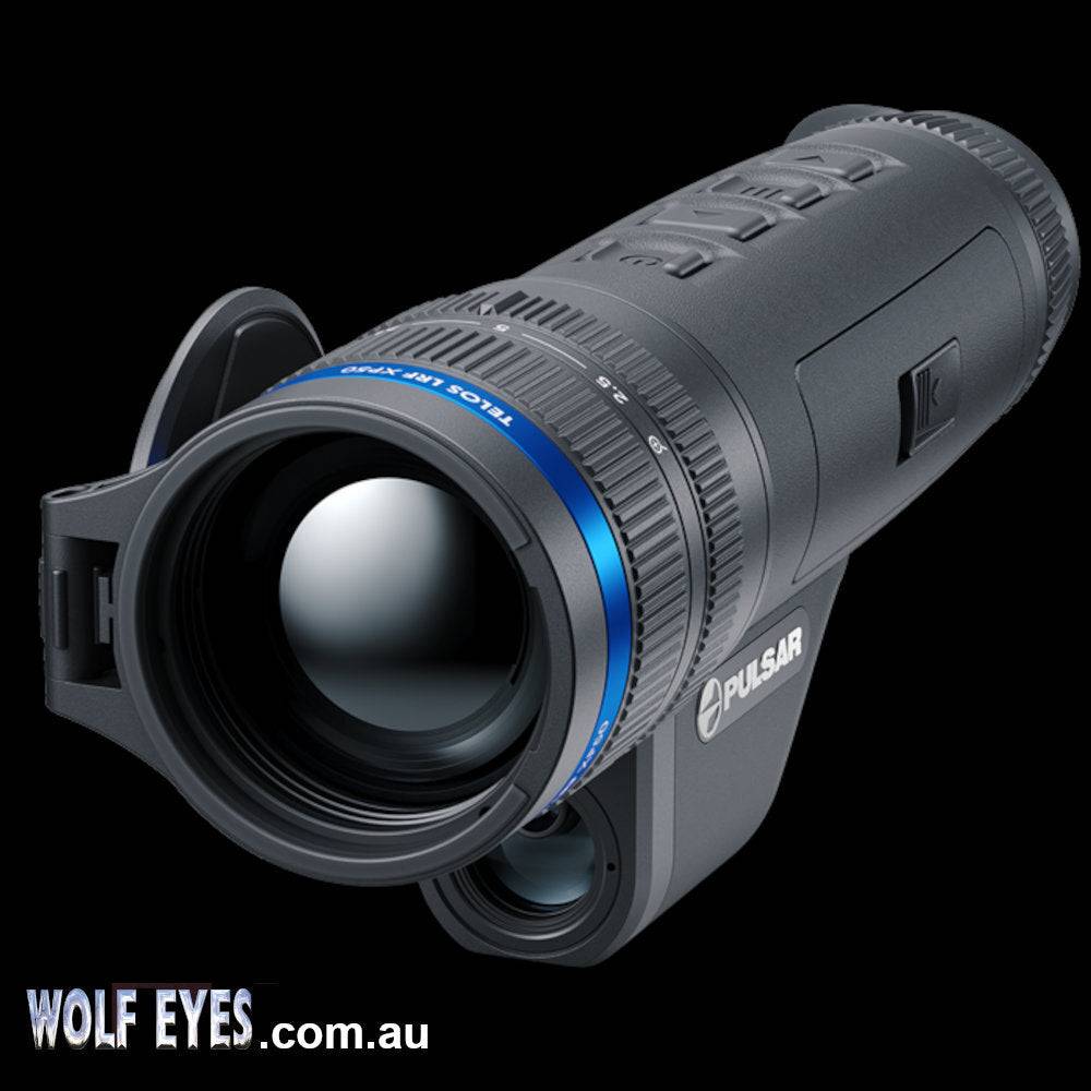Pulsar Telos XP50 LRF thermal imaging monocular with 1800m range and 2.5-10x zoom, shown in close-up view highlighting lens and controls.
