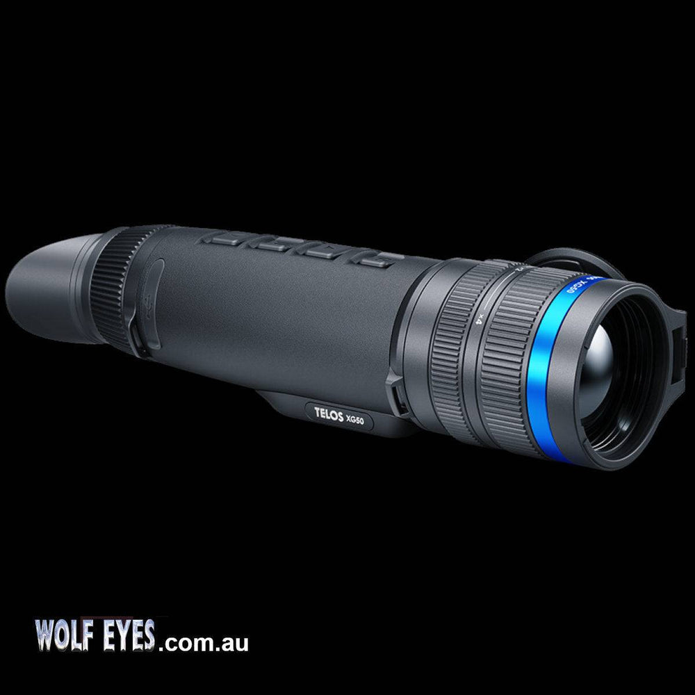Pulsar Telos XG50 thermal monocular with blue ring detail, displayed on black background with Wolf Eyes branding.