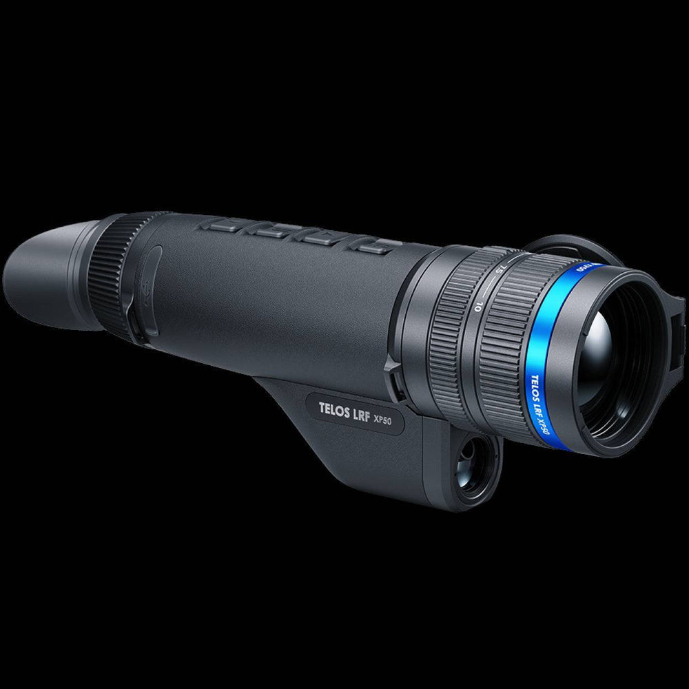 Pulsar Telos XQ35 LRF thermal monocular with ergonomic grip and laser rangefinder, ideal for outdoor surveillance and wildlife observation.