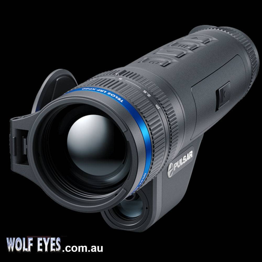 Close-up of Pulsar Telos XQ35 LRF upgradeable thermal monocular showing lens and control buttons, designed for precision optics performance.