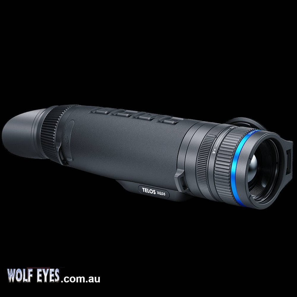 Side view of Pulsar Telos XQ35 LRF thermal monocular with blue accent ring, highlighting its sleek, upgradeable design for professional use.