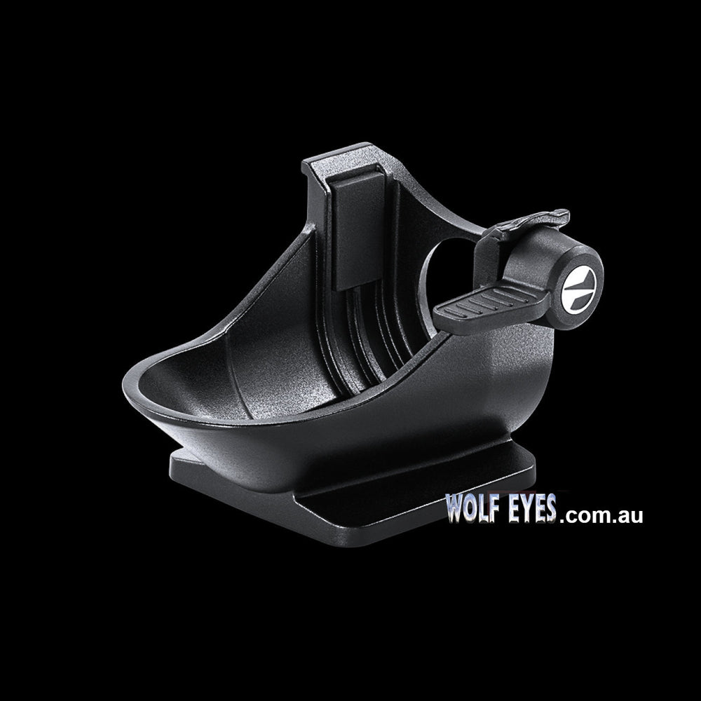 Angled view of Pulsar Telos LRF Tripod Adapter Mount highlighting ergonomic cradle and locking mechanism. Designed for stable optical mounting.