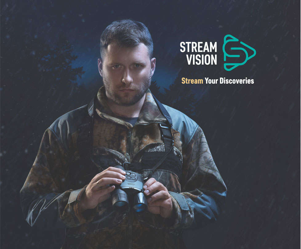 Hunter holding binoculars with Stream Vision App branding, promoting remote streaming and discovery with Pulsar scopes.