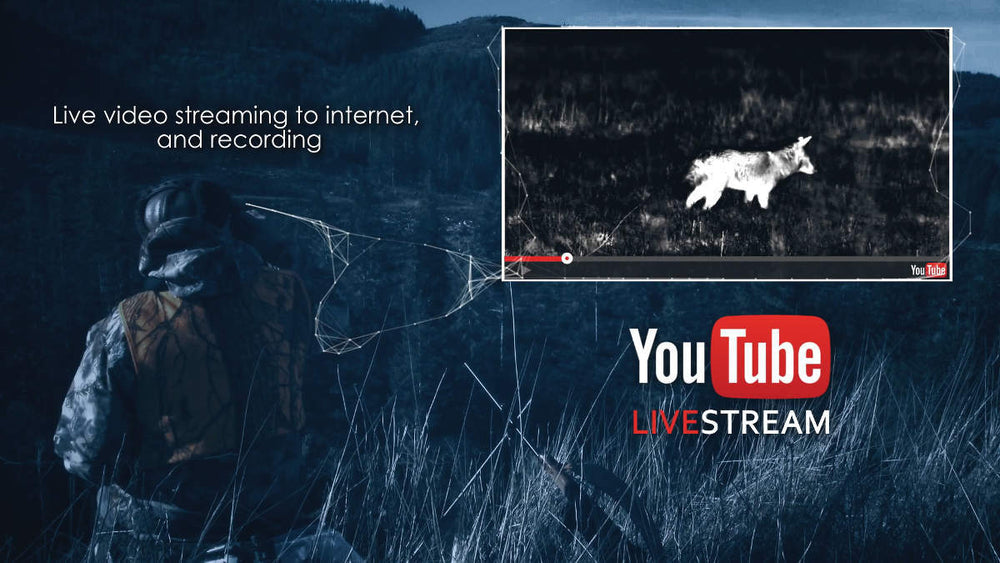Stream Vision App live streaming thermal footage of a fox to YouTube, showcasing internet broadcast capabilities with Pulsar scopes.