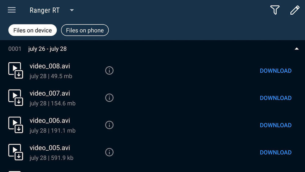 Stream Vision App interface showing downloadable thermal video files recorded with Pulsar scope, organized by date and size.