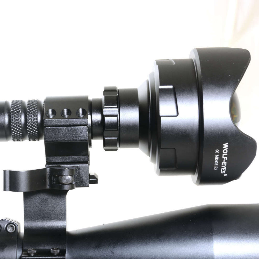 Seal Picatinny Rail Mount Quick Release securely attached to a rifle scope, demonstrating LED torch compatibility by Wolf Eyes Tactical.