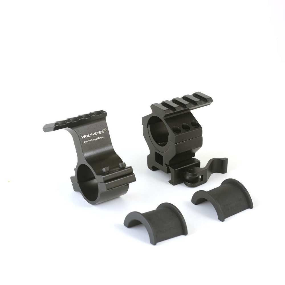 Wolf Eyes Tactical Seal Picatinny Rail Mount Quick Release shown with mounting components and inserts for secure LED torch installation.