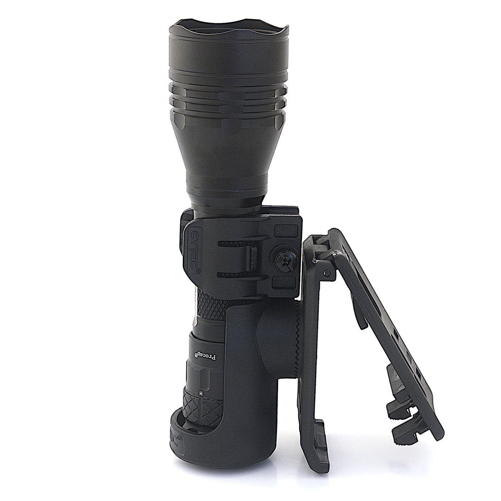 Angled view of Tactical Polymer Holster - Sn1per Series Fit with large torch, showing adjustable mount and secure grip.