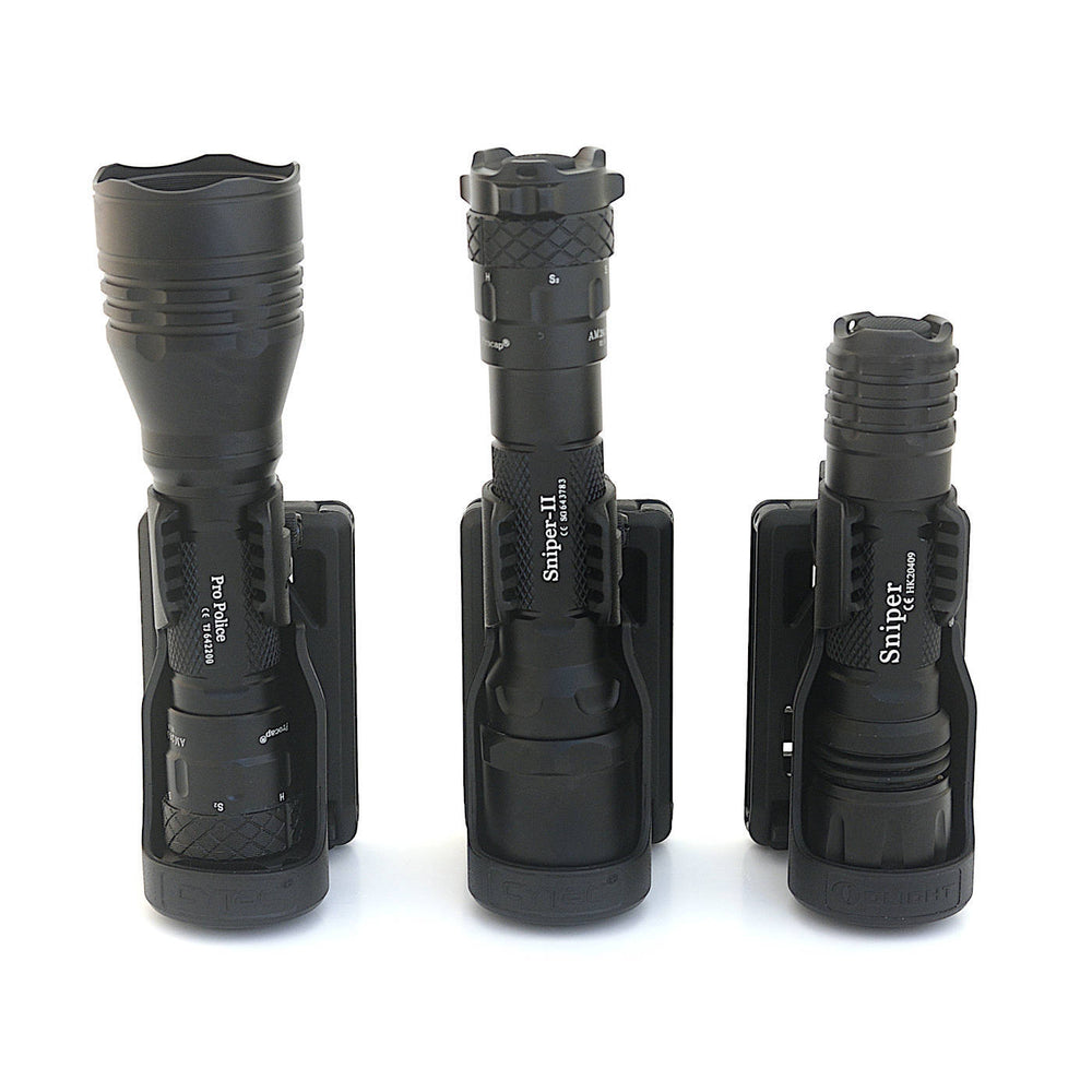 Tactical Polymer Holster - Sn1per Series Fit displayed with three compatible torches, showcasing versatile fit and grip.