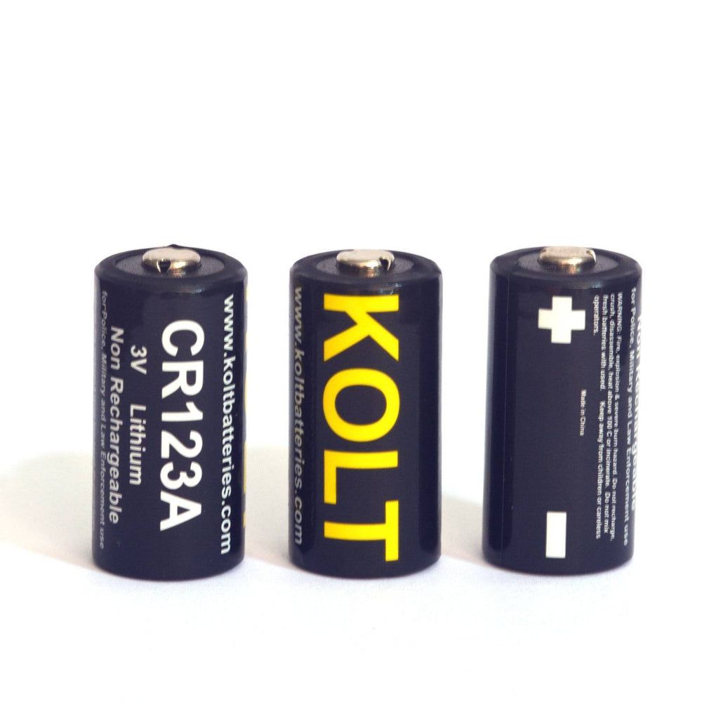 Three CR123A Kolt batteries showing different label sides, highlighting lithium 3V non-rechargeable features for bulk use.