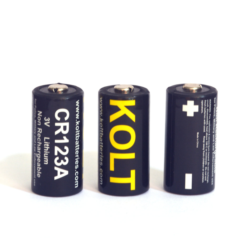 CR123A Kolt Battery Pack showing front, side, and back views. 3V lithium bulk batteries for cameras, flashlights, and more.