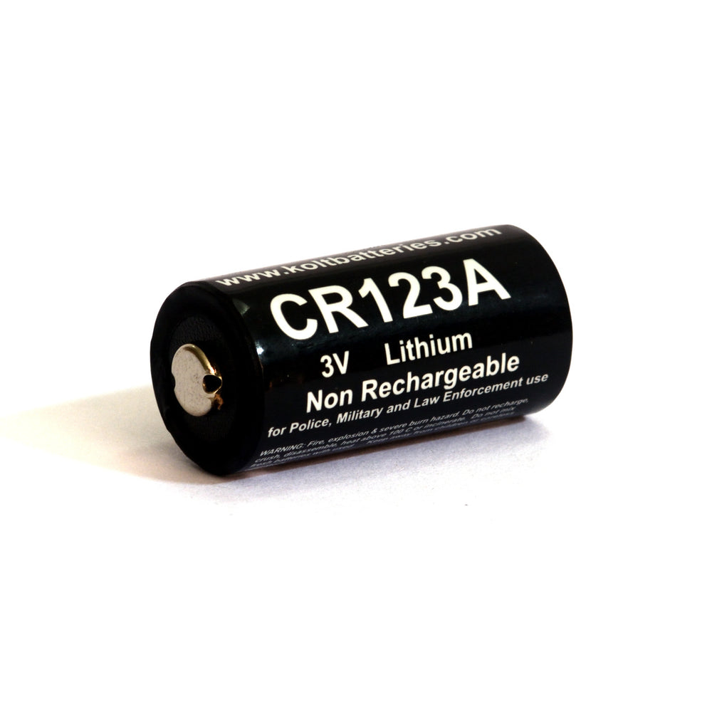 CR123A Kolt Battery Pack showing product label. 3V lithium non-rechargeable battery for professional and consumer electronics.