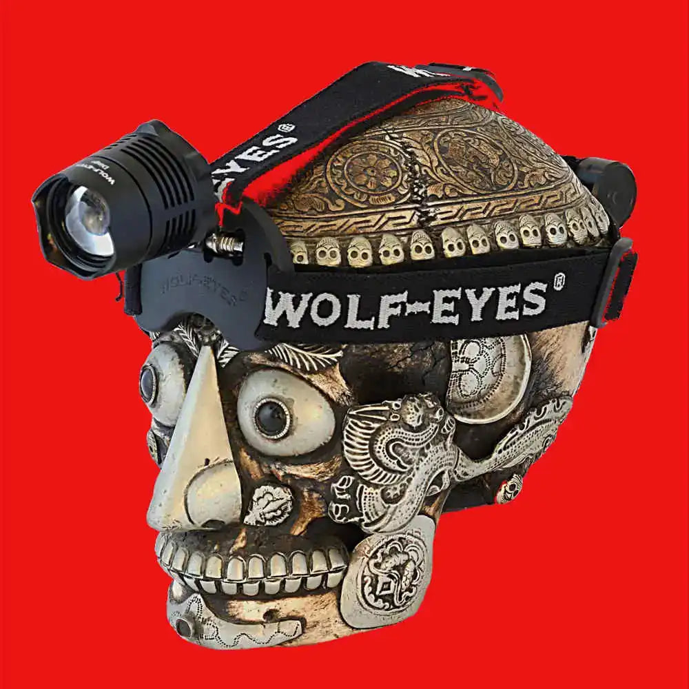 Dingo 21 red headlamp on a decorative skull