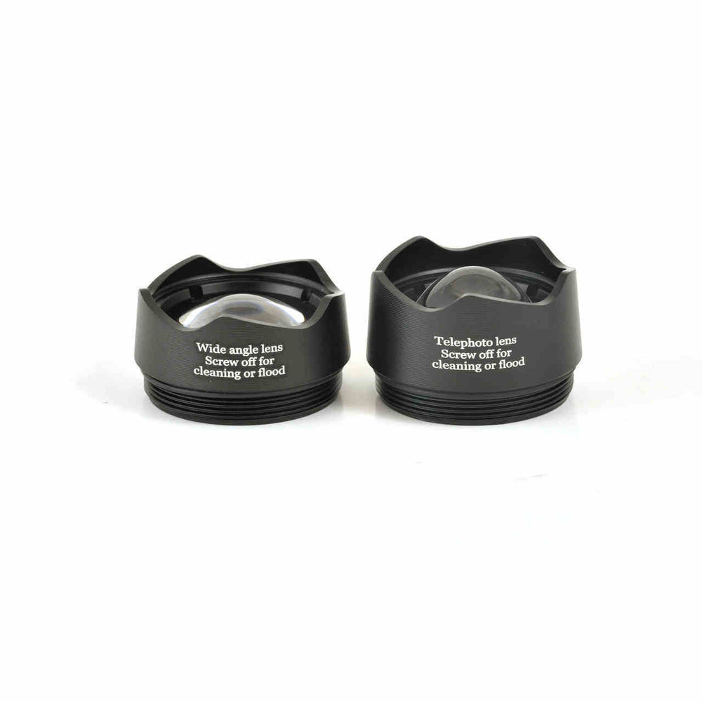Two interchangeable lenses for Dingo LED Headlamp labeled wide angle and telephoto, designed for adjustable beam focus and easy cleaning.