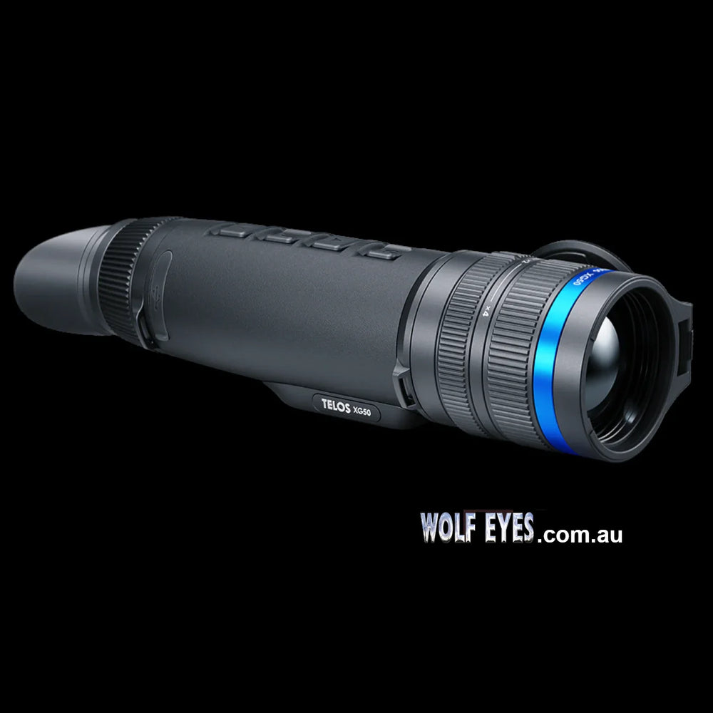 Pulsar Telos XG50 thermal monocular with Wolf Eyes logo, highlighting its sleek design and advanced thermal imaging features.