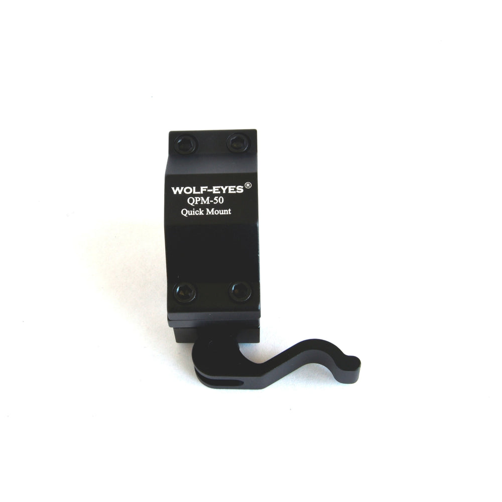 A black Wolf-Eyes QPM-50 Quick Mount accessory with a hook-like arm, shown on a plain white background.