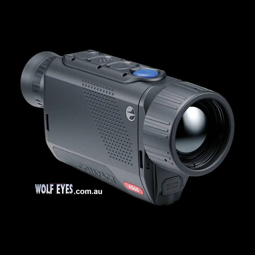 Side angle of Pulsar Axion XG35 thermal monocular highlighting its rugged build and large objective lens for enhanced thermal imaging clarity.