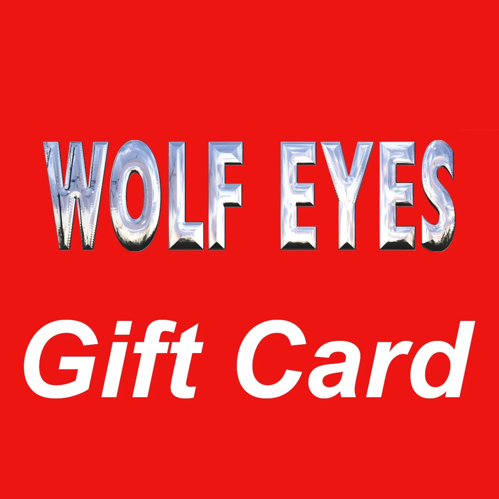Wolf Eyes Gift Card with bold metallic logo and white text on black background, ideal for gifting outdoor gear like torches and thermal scopes.
