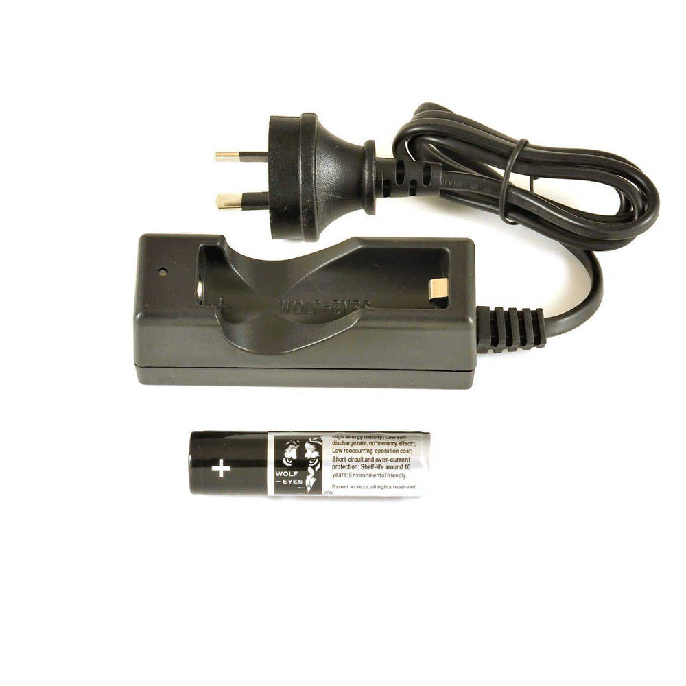 Wolf Eyes rechargeable battery and charger set for Dingo LED Headlamp, compatible with high-performance outdoor lighting tools.