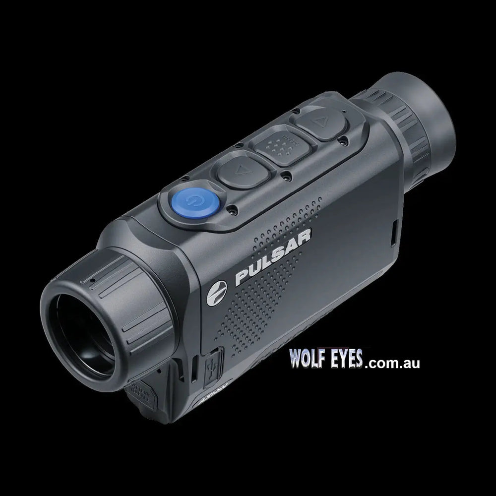 Top view of Pulsar Axion XG30 thermal monocular showing control buttons and blue power button, optimized for one-handed operation in the field.