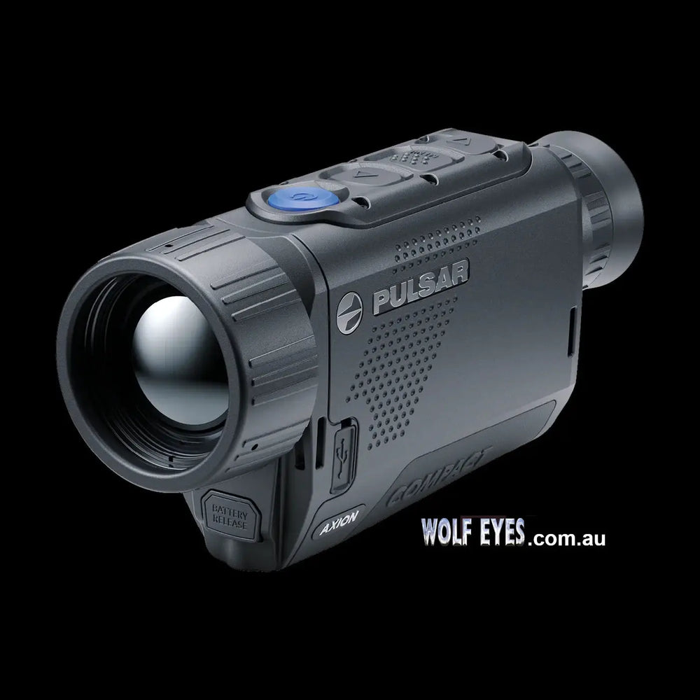 Front view of Pulsar Axion XG35 thermal imaging monocular with compact form factor and high-performance optics for wildlife observation.