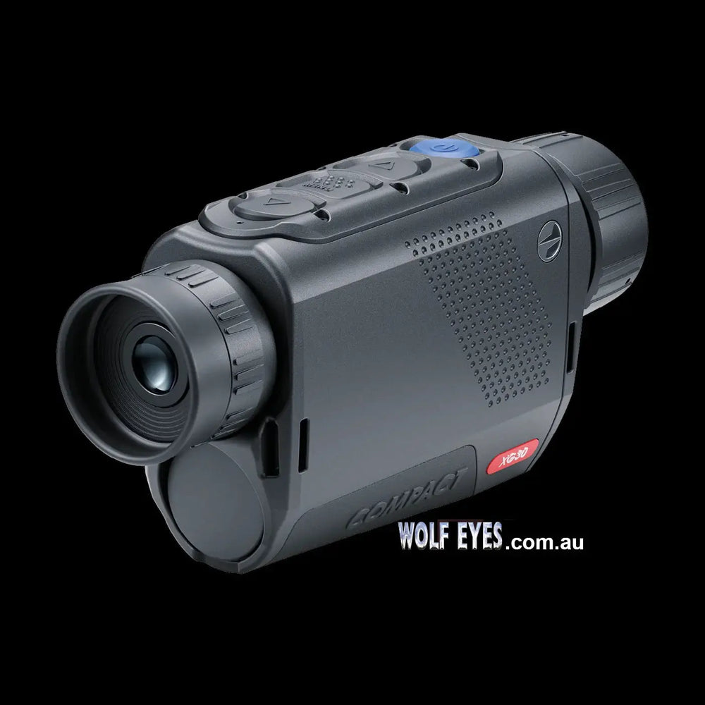 Rear view of Pulsar Axion XG30 thermal monocular with eyepiece and red XG30 label, emphasizing its pocket-sized design and high-sensitivity imaging.