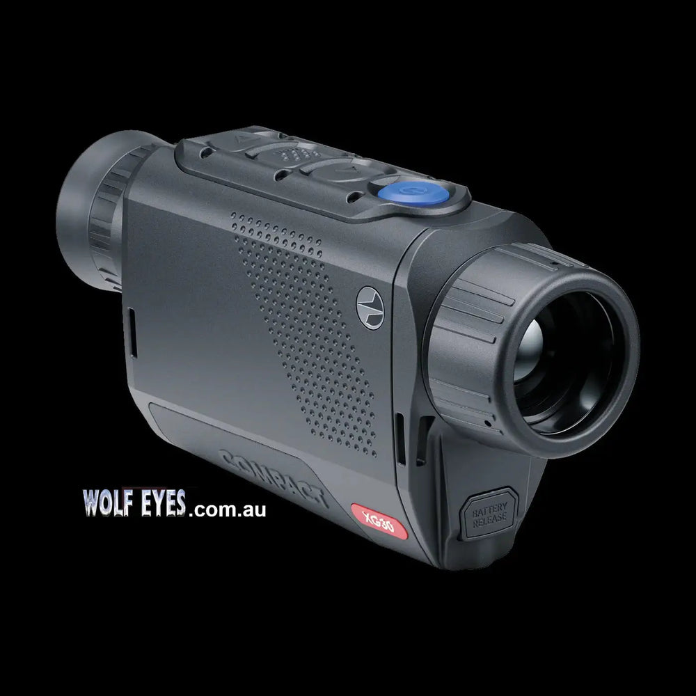 Side angle of Pulsar Axion Compact XG30 showcasing its compact build, thermal lens, and textured grip for enhanced portability and usability.