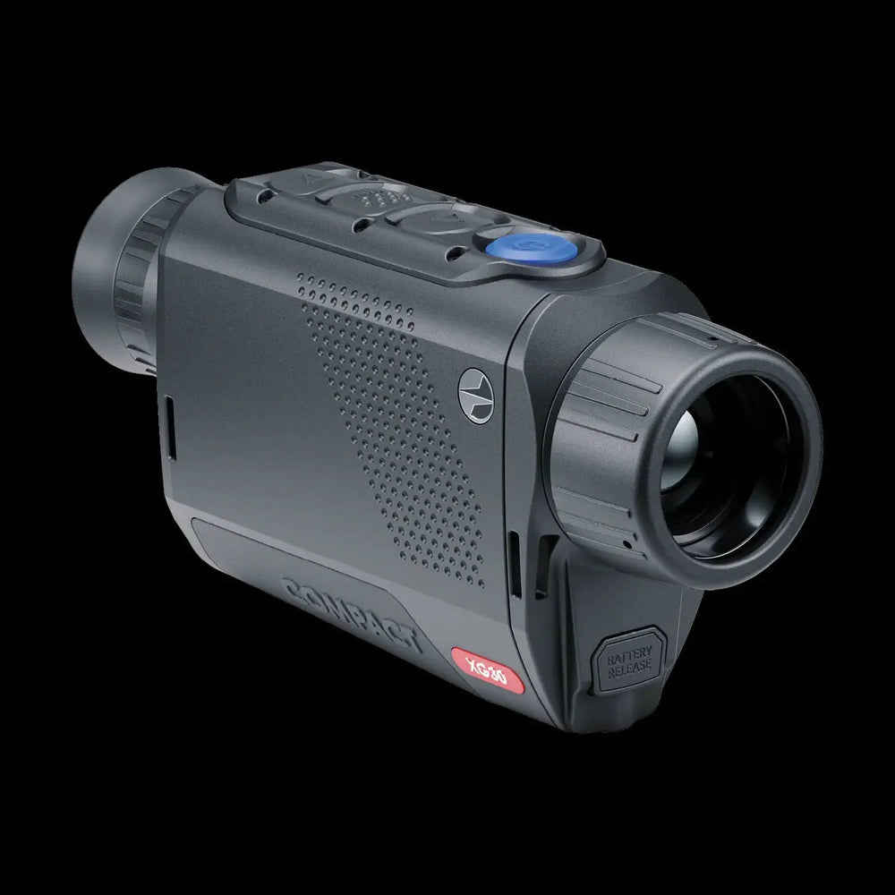 Pulsar Axion XG30 compact thermal monocular with 640 sensor, shown in side view highlighting its rugged magnesium body and battery release port.