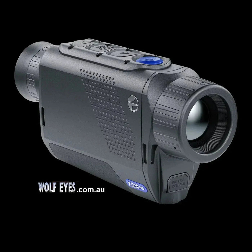 Pulsar Axion Compact XQ30 Pro thermal monocular shown with ergonomic controls and Wolf Eyes branding, ideal for wildlife observation and hunting.