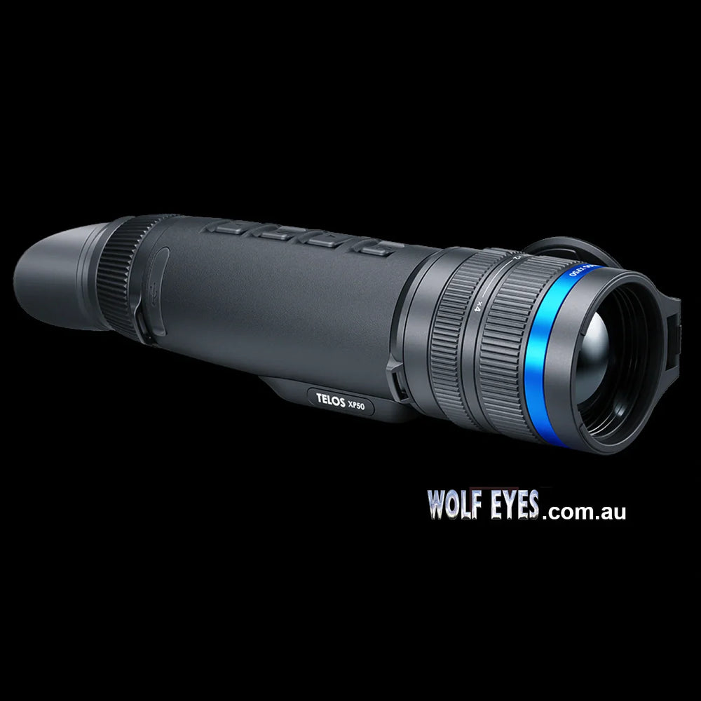 Pulsar Telos XP50 thermal monocular with WolfEyes.com.au branding, highlighting premium optics and online availability.