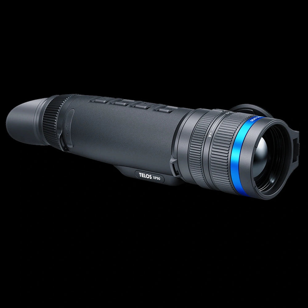 Pulsar Telos XP50 thermal monocular with 18mk 640 sensor and 2.5-10x zoom, shown in close-up on black background for product detail.