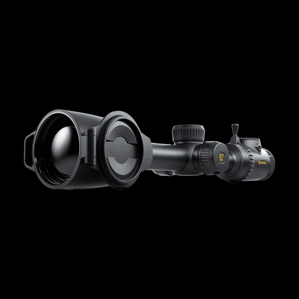 Pulsar Thermion3 XT60 LRF thermal scope showing laser range finder and controls  with side profile and 30mm tubes
