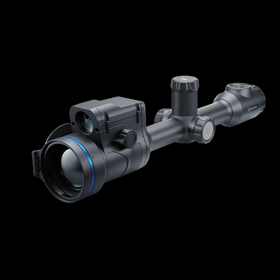 Pulsar Thermion2 XG60 LRF thermal scope with 4-32x magnification and built-in laser rangefinder for precision shooting and high-resolution imaging.