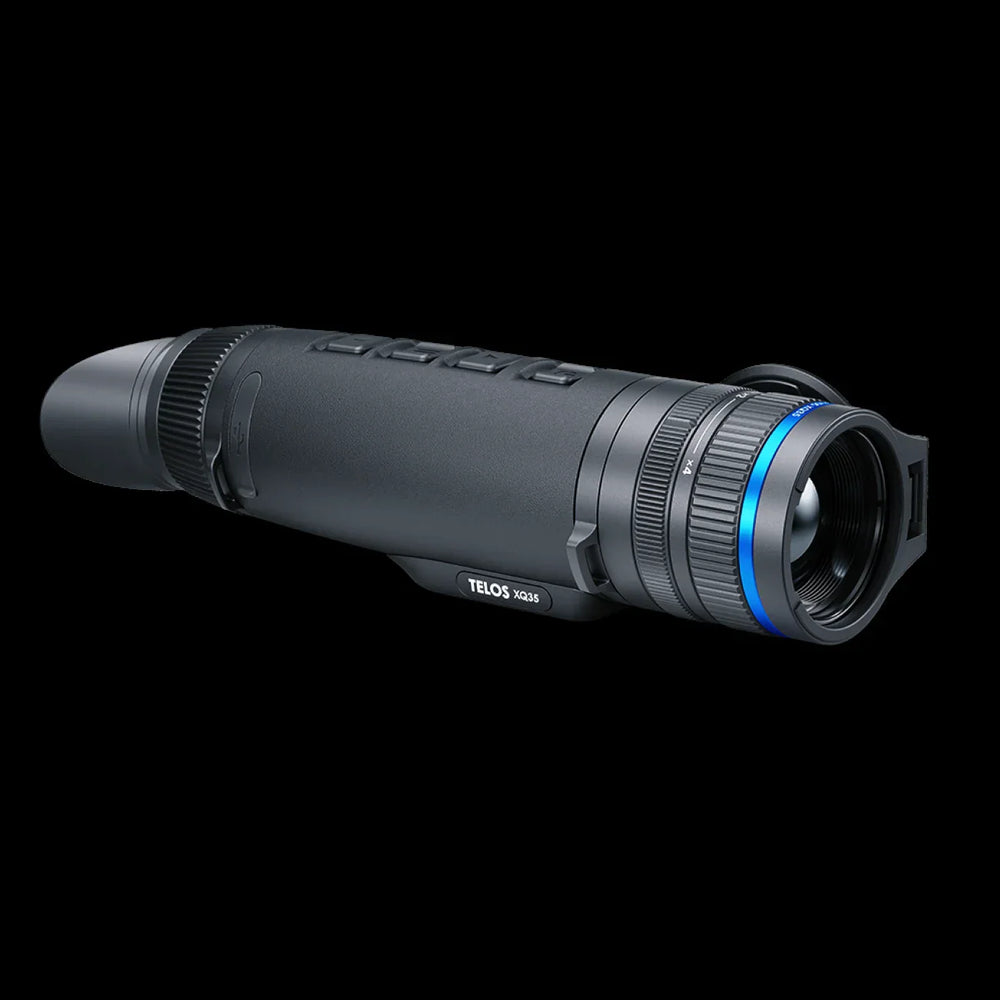 Pulsar Telos XQ35 thermal imaging monocular with 384 sensor, shown in close-up on black background. Features rugged, waterproof design.