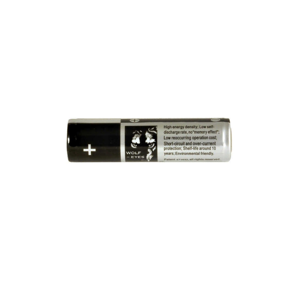 Side view of Wolf Eyes Battery showing logo and eco-friendly features like low self-discharge and short-circuit protection for reliable power use.