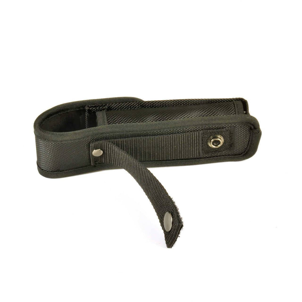 Open view of Cordura Duty Holster showing inner compartment and dual attachment loops for police belts, fits Wolf Eyes flashlights.