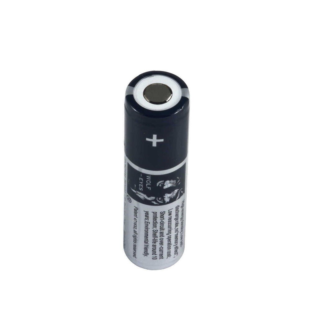 Top angled view of Wolf Eyes 2800mAh rechargeable battery with positive terminal visible, designed for safe and powerful electronics performance.