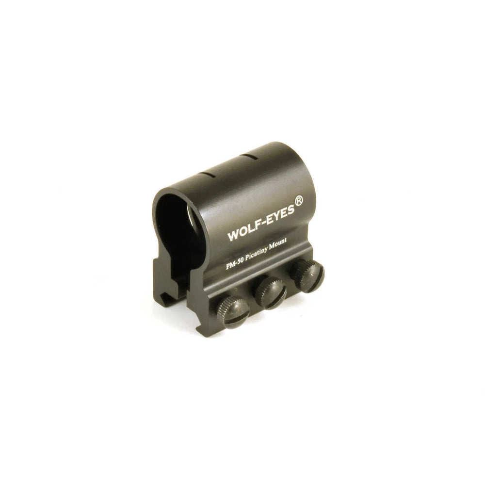 Seal Picatinny Rail Mount by Wolf Eyes for attaching Seal LED Hunting Torch to firearms. Durable black metal flashlight mount for tactical use.